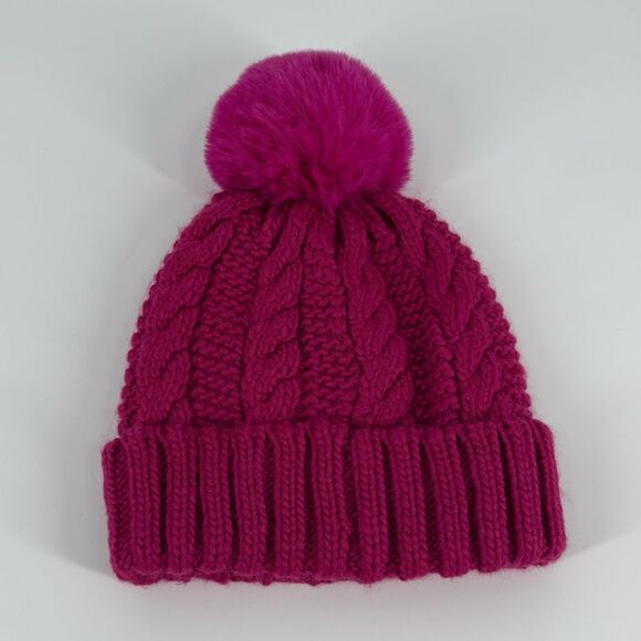 Michael Michael Kors Cable Knit Fleece Lined Hat with Pom-Pom in Fuchsia Pink - Picture 2 of 4